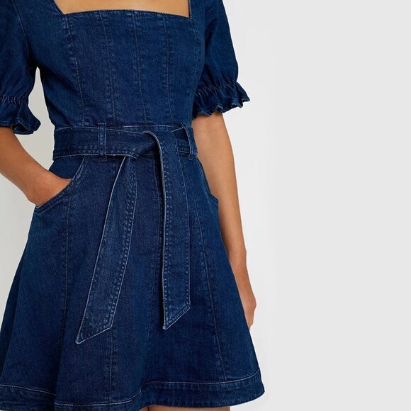 NWT Finders Keepers dark blue wash denim puff sleeve belted mini dress - Picture 3 of 12